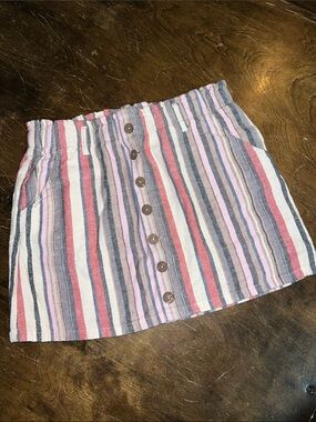 Jolt Striped Button-Front Mini Skirt in Red, Pink, Blue